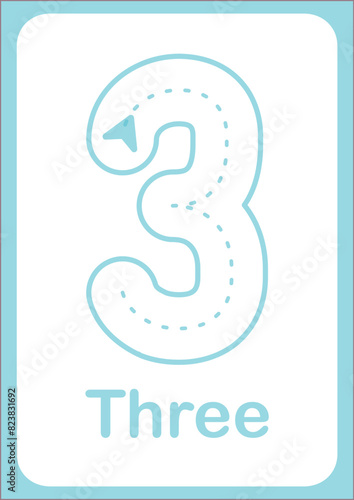 Printable flashcard trace number 3 and text for children. For preschool years and kindergarten kids learning numbers