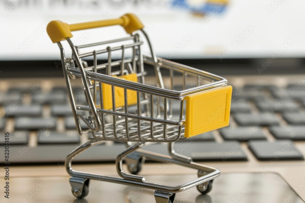 Small shopping cart on a keyboard, symbolizing secure online shopping and cybersecurity. Small shopping cart on a keyboard, symbolizing secure online shopping and cybersecurity.