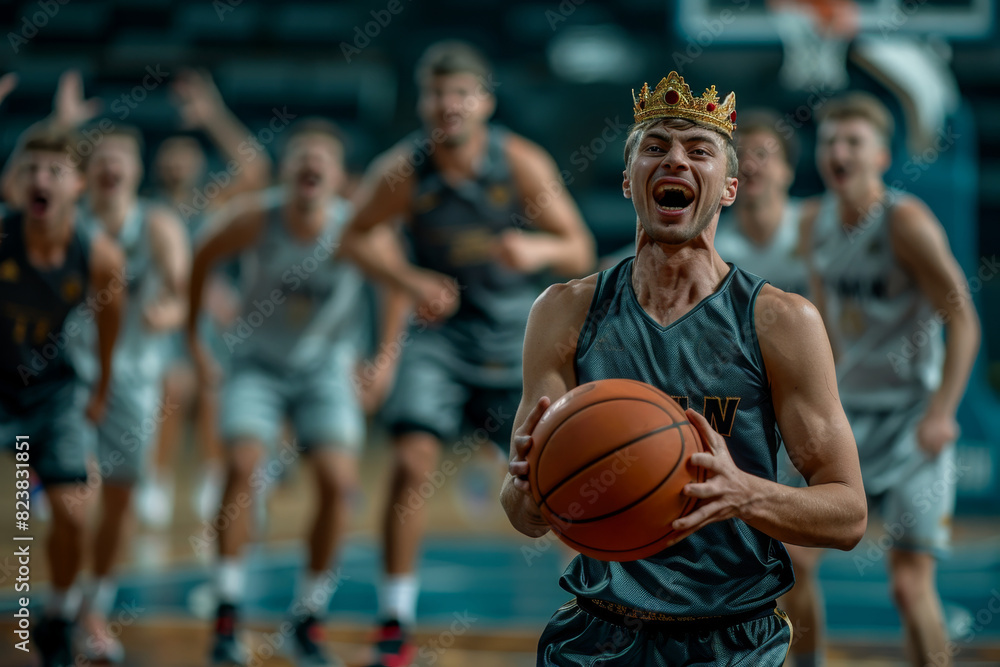 a male basketball player with a ball in his hands and a crown on his head stands on the sports field in the hall