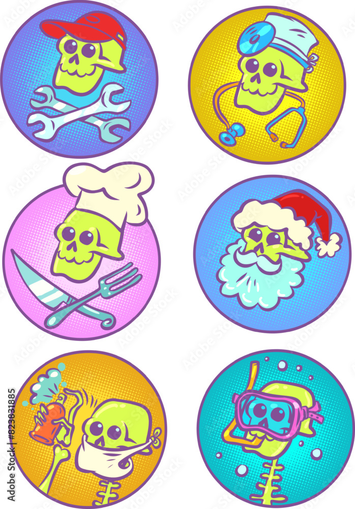 Set of professions with skeleton. A ready-made set of stickers, emojis and icons. Leisure time of the Halloween character. Set of professions with skeleton. A ready-made set of stickers, emojis and icons. Leisure time of the Halloween character.