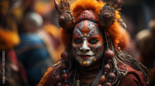 An individual in vibrant tribal makeup and intricate costume performs in a cultural festival © AS Photo Family