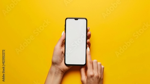Hand Holding Smartphone on Yellow photo