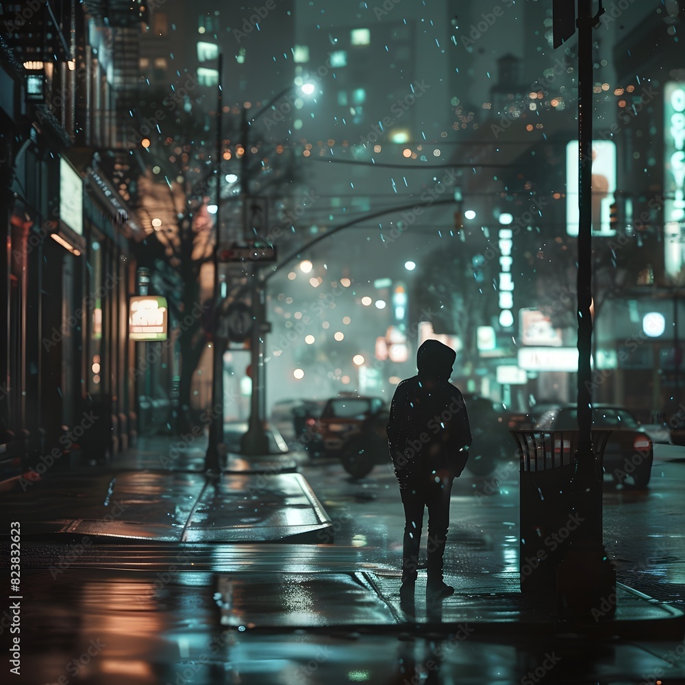 A person walking alone on a city street at night, during a rainy winter evening A person walking alone on a city street at night, during a rainy winter evening