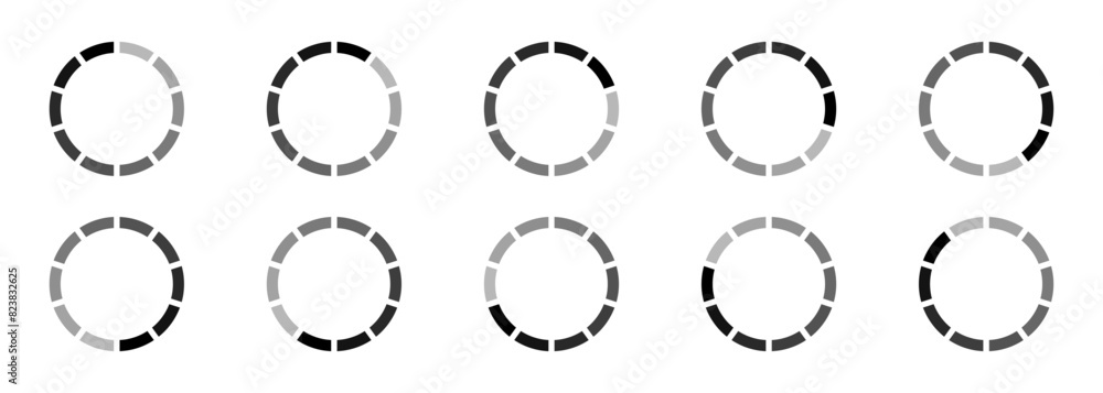 Buffering circle set. Loading indicator vector icon set. Buffer status circle bar symbol. Loading progress web or app interface isolated illustration.