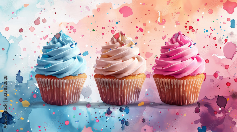 Colorful cupcakes with vibrant frosting on a splattered watercolor background. Perfect for celebrating birthdays and special occasions. Colorful cupcakes with vibrant frosting on a splattered watercolor background. Perfect for celebrating birthdays and special occasions.