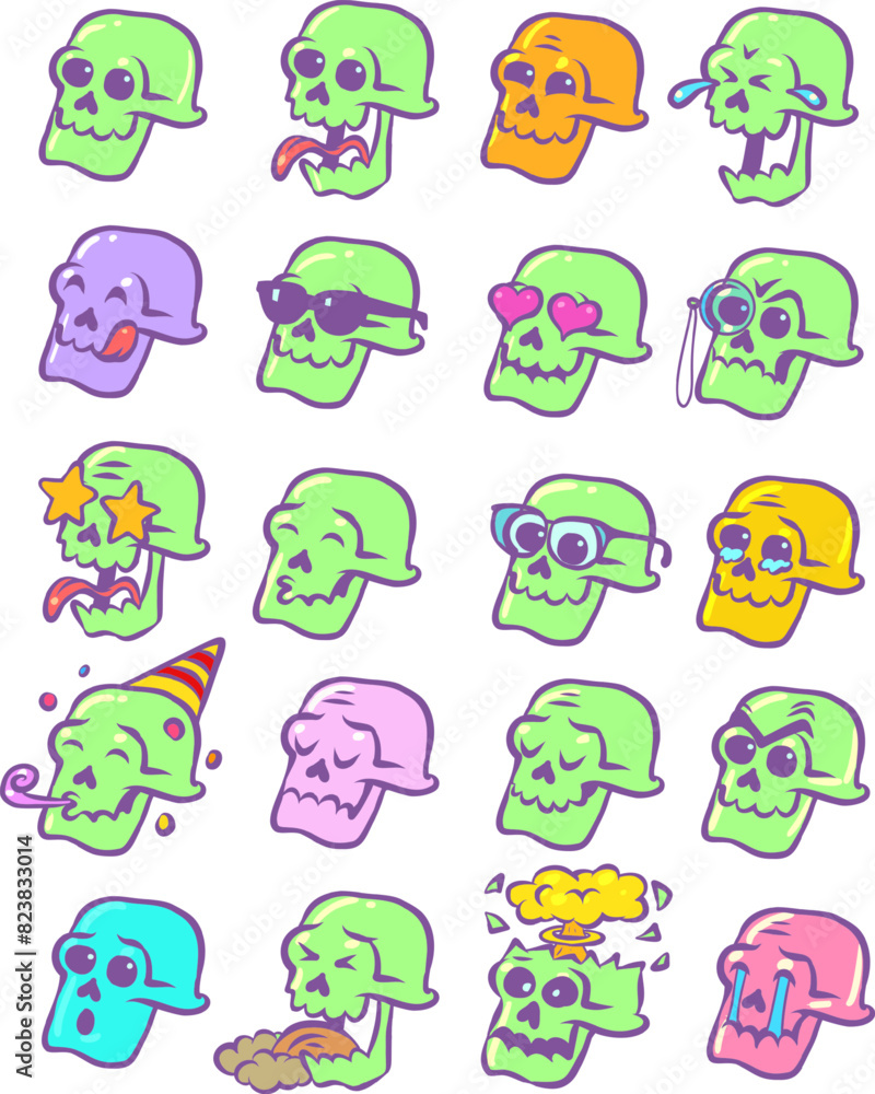Set of skeleton skull emotions. Ready set of stickers and emojis. Holiday of the Dead and Mexico. Set of skeleton skull emotions. Ready set of stickers and emojis. Holiday of the Dead and Mexico.
