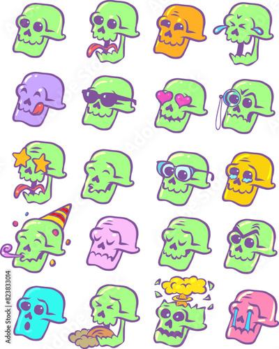 Set of skeleton skull emotions. Ready set of stickers and emojis. Holiday of the Dead and Mexico.