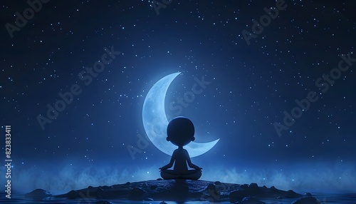 A 3D cartoon character meditage a crescent moon pose for yoga day and mental health concept photo