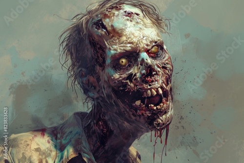 Terrifying zombie portrait in a spooky and macabre digital painting depicting a gory and flesh-eating undead creature. Perfect for halloween and horror-themed art. With elements of supernatural photo
