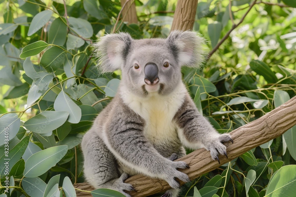 Koala bear in the Australian bush, sitting on a eucalyptus tree branch. Cute animal portrait, natural greenery in the background. Horizontal. Space for copy. Koala bear in the Australian bush, sitting on a eucalyptus tree branch. Cute animal portrait, natural greenery in the background. Horizontal. Space for copy.