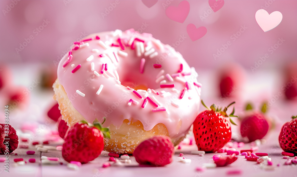 Pink heart-shaped donut, a delicious Valentine's Day dessert. Pink heart-shaped donut, a delicious Valentine's Day dessert.