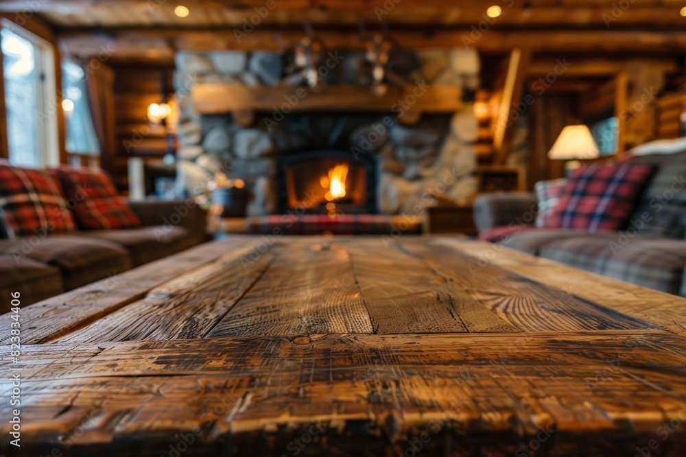 A wooden coffee table in the foreground with a blurred background of a rustic cabin living room. The background features a stone fireplace, cozy couches with plaid blankets and wooden beams A wooden coffee table in the foreground with a blurred background of a rustic cabin living room. The background features a stone fireplace, cozy couches with plaid blankets and wooden beams