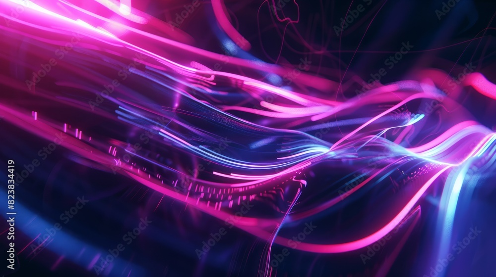 Obraz premium Neon futuristic flashes on black background. Motion light lines backdrop. For banner, postcard, illustration. Created with generative AI tools