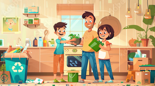 Eco-Friendly Family Cartoon, Recycling Activities in a Cheerful Home