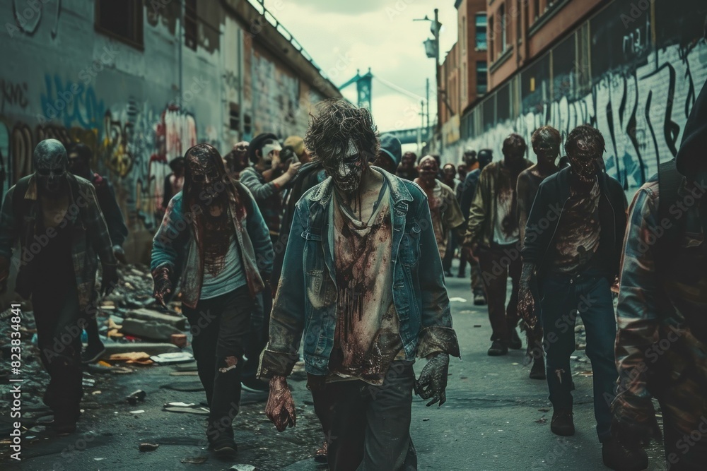 The spine-chilling urban zombie apocalypse scene in a post-apocalyptic cityscape. Featuring a group of monstrous undead creatures walking through a crowded and graffiti-covered alley. Haunting