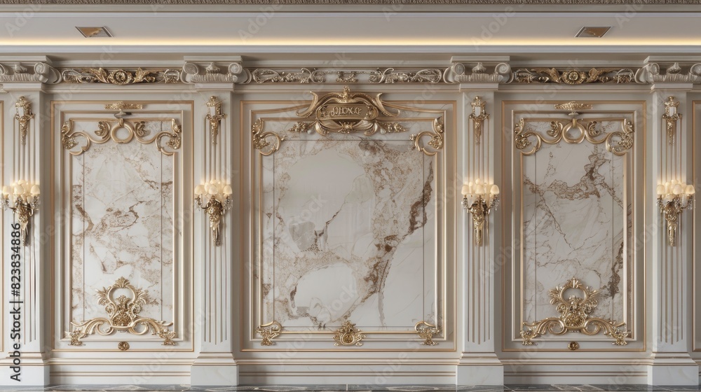Obraz premium modern classic interior design, featuring a beige wall adorned with intricate decorative moldings and golden sconces on each side.