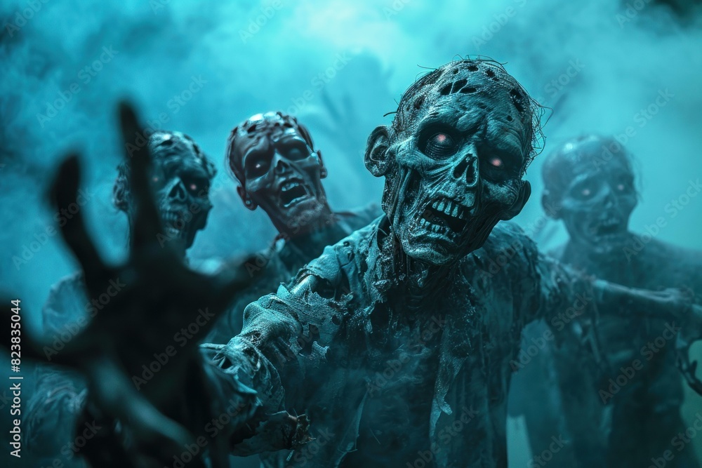 Group of horror-themed zombie figures emerge from a misty blue haze, creating a terrifying scene