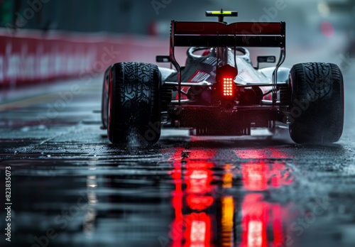 A Formula 1 car is partially visible from the back in a photo, with the broken brake light on and glowing red. The road is wet. photo