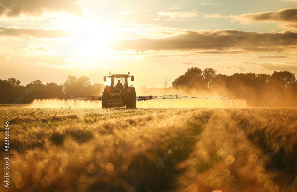 Fototapeta premium A tractor spraying a cornfield in Winnipeg with the sun shining