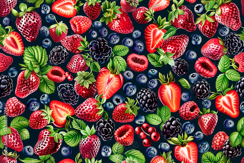 Vibrant seamless pattern with various berries including strawberries, blueberries, raspberries, and blackberries on a dark background. Perfect for summer-themed projects and food decoration.
