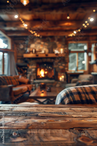 A wooden coffee table in the foreground with a blurred background of a rustic cabin living room. The background features a stone fireplace  cozy couches with plaid blankets and wooden beams