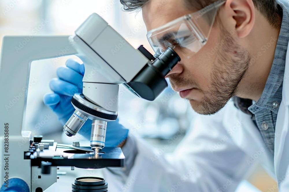Closeup of scientist at work in laboratory - medicals, chemistry, and technology discovery and research using microscope and test tube for analysis and observation Closeup of scientist at work in laboratory - medicals, chemistry, and technology discovery and research using microscope and test tube for analysis and observation