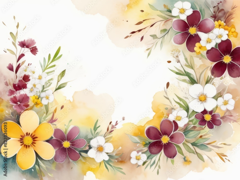 Abstract floral background with small flowers in  maroon and  yellow colors , with  copy space , in watercolor painting style.