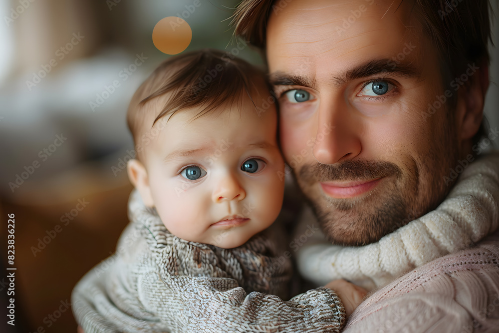 Happy smiling man father plays with daughter or son child. Caring father hugs his baby tenderly. Father's Day or Children's Day concept Happy smiling man father plays with daughter or son child. Caring father hugs his baby tenderly. Father's Day or Children's Day concept