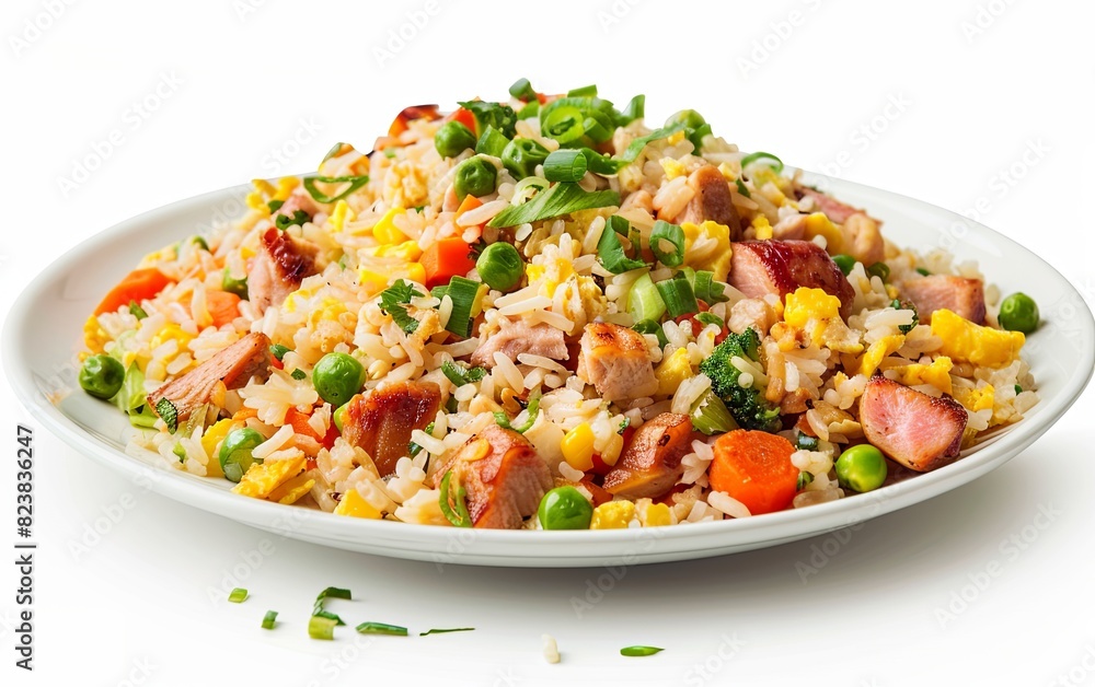 A plate of fried rice made from yesterday's leftovers, colorful vegetables, and diced chicken included, a clean white background A plate of fried rice made from yesterday's leftovers, colorful vegetables, and diced chicken included, a clean white background