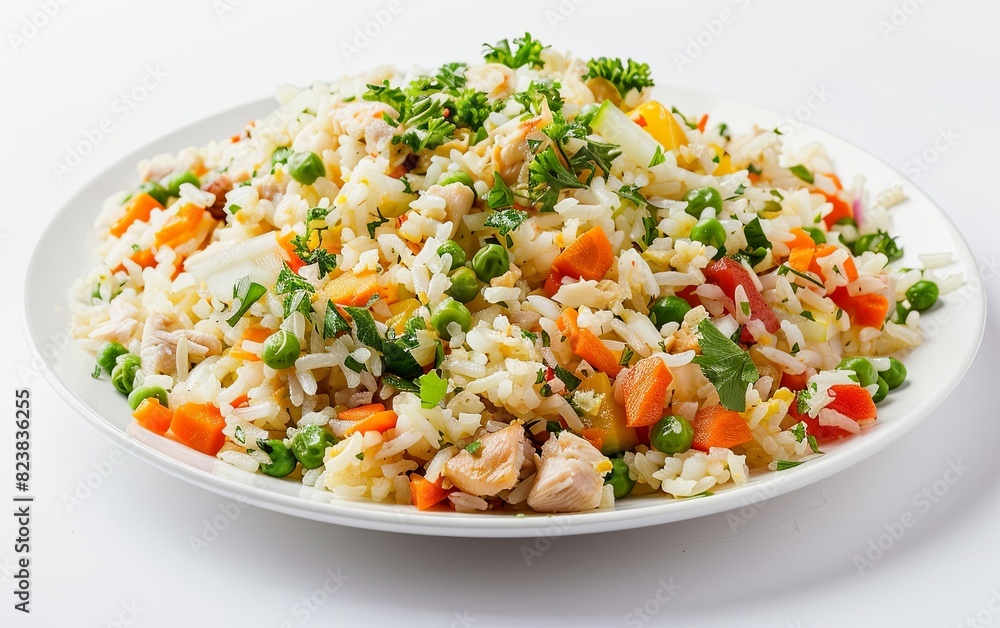 A plate of fried rice made from yesterday's leftovers, colorful vegetables, and diced chicken included, a clean white background A plate of fried rice made from yesterday's leftovers, colorful vegetables, and diced chicken included, a clean white background
