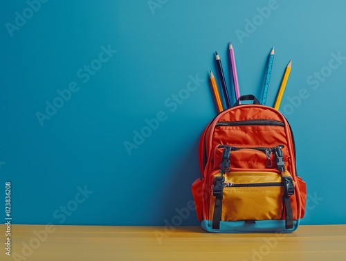 A red backpack filled with colorful school supplies against a blue background, highlighting back-to-school essentials and organization. With copy space for text