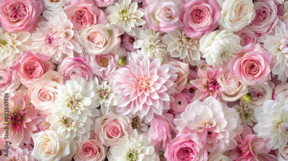 a beautiful floral frame composed of delicate pink and white roses, peonies, and dahlia flowers, set against a soft pastel background, offering ample copy space for text. a beautiful floral frame composed of delicate pink and white roses, peonies, and dahlia flowers, set against a soft pastel background, offering ample copy space for text.