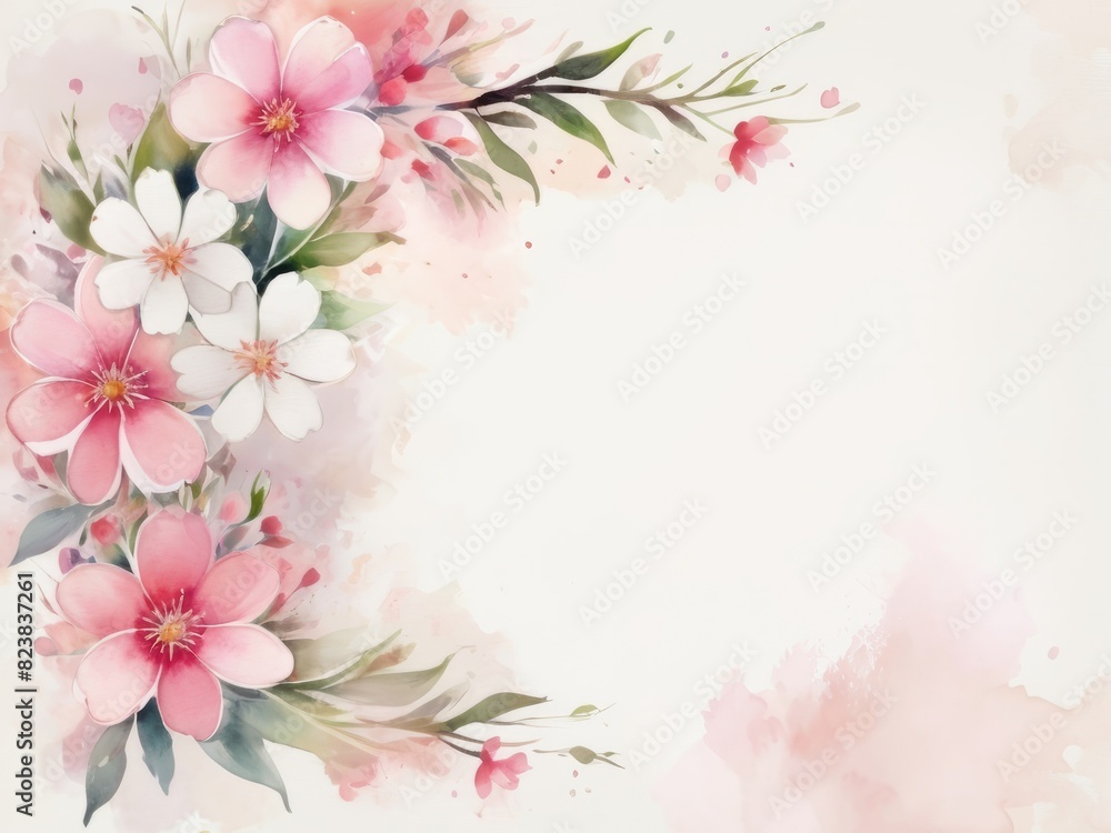 Abstract  watercolor floral composition with delicate pink and white small flowers for greeting card, with  copy space
