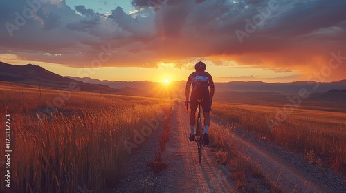 A man is riding a bike on a dirt road in a field © OZTOCOOL
