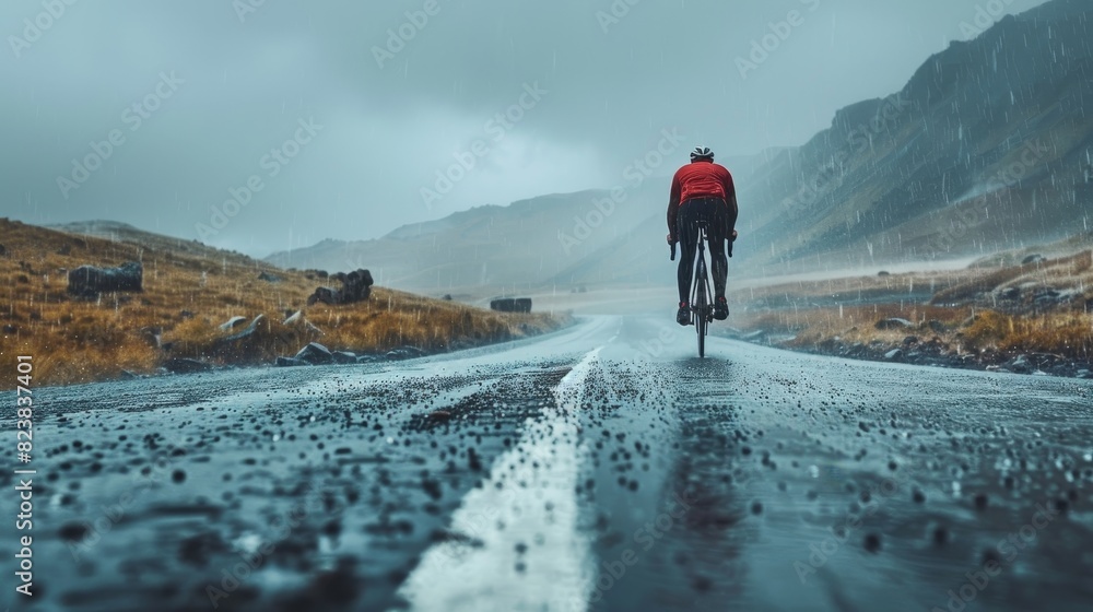 Obraz premium A man is riding a bicycle down a road in the mountains