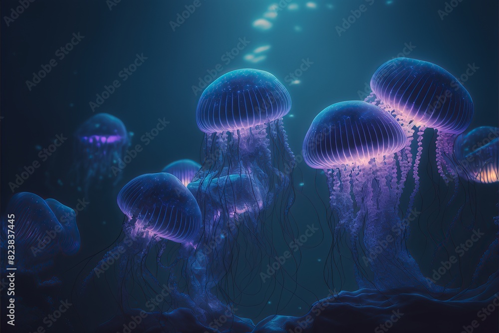 Beautiful glowing jellyfish underwater in a serene ocean