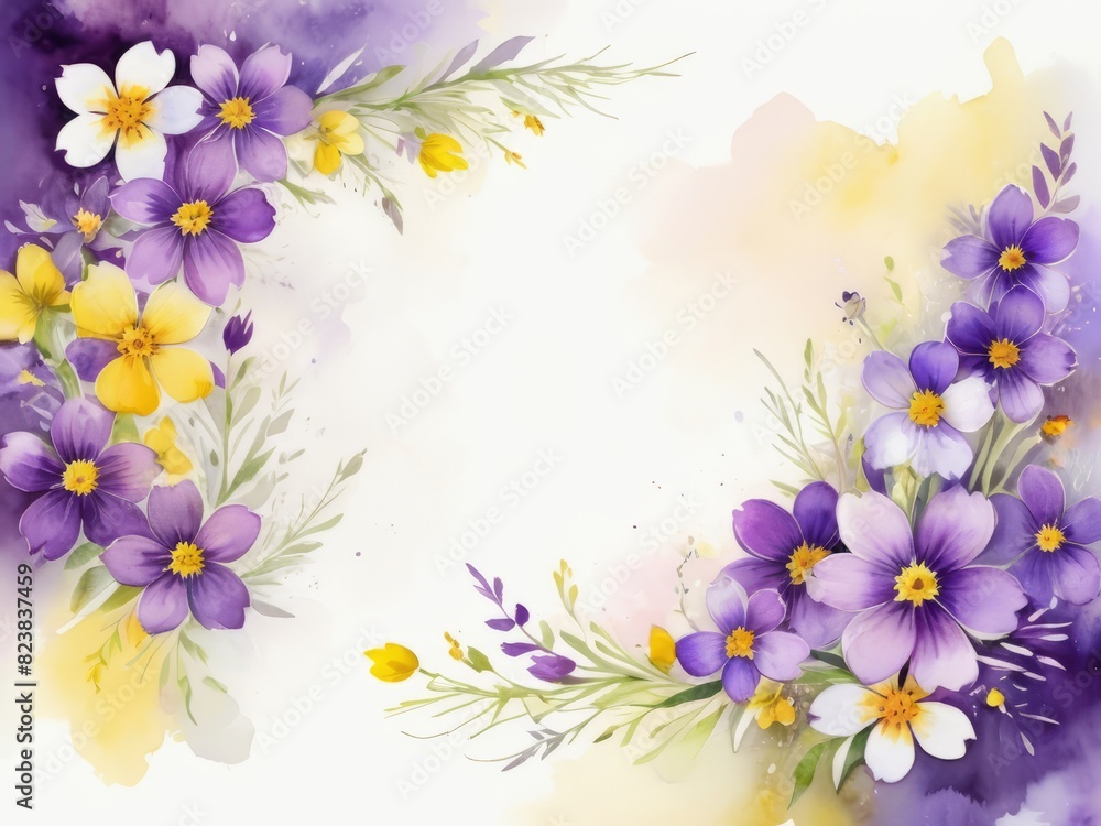 Abstract floral composition with delicate purple and yellow flowers,  for greeting card, with copy space