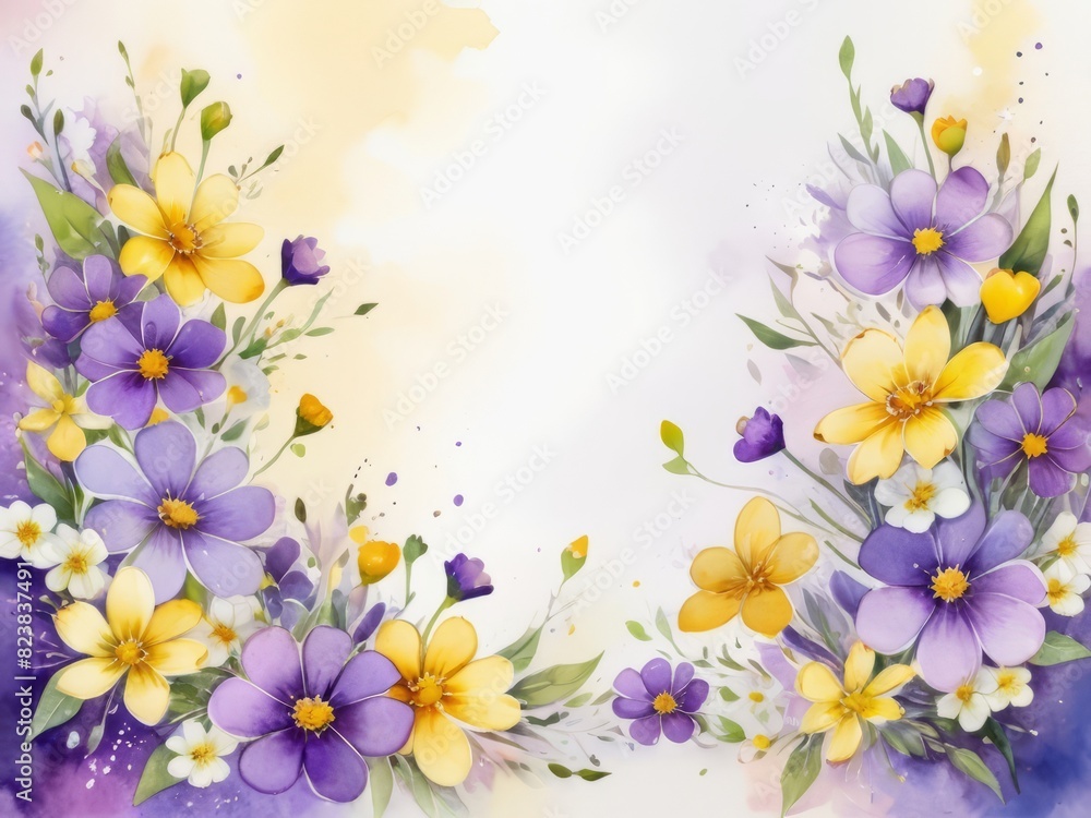 Abstract floral composition with delicate purple and yellow flowers, for greeting card, with copy space Abstract floral composition with delicate purple and yellow flowers, for greeting card, with copy space