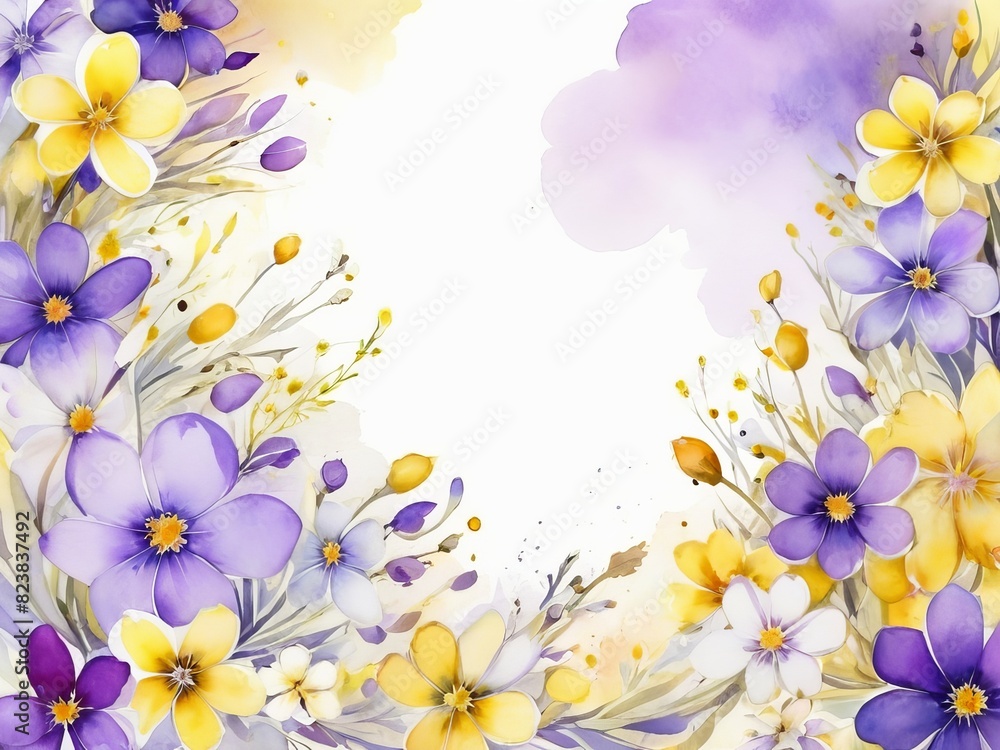 Abstract floral composition with delicate purple and yellow flowers,  for greeting card, with copy space