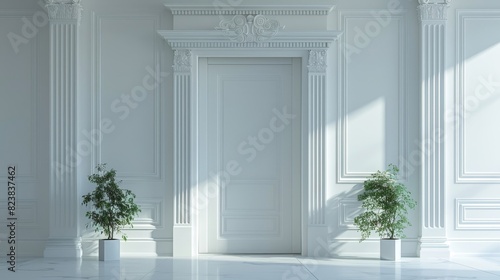 A white door with a white frame and pillars photo