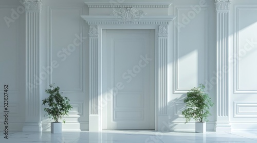 A white door with a white frame and pillars