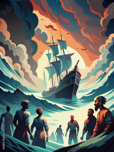 Majestic Ship Embarking on a Voyage under Dramatic Sky. Vector illustration, International Day for the Remembrance of the Slave Trade and Its Abolition