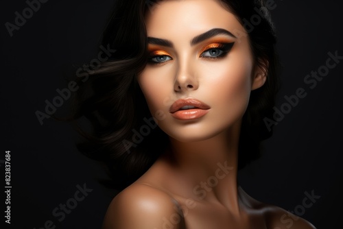 Wallpaper Mural A gorgeous European model  woman with cosmetic makeup enhances the beauty of a caucansian model in a captivating close-up portrait against a dark black background. Torontodigital.ca