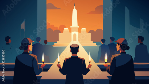 Solemn Vigil at Dusk by Historic Monument. Vector illustration, International Day for the Remembrance of the Slave Trade and Its Abolition