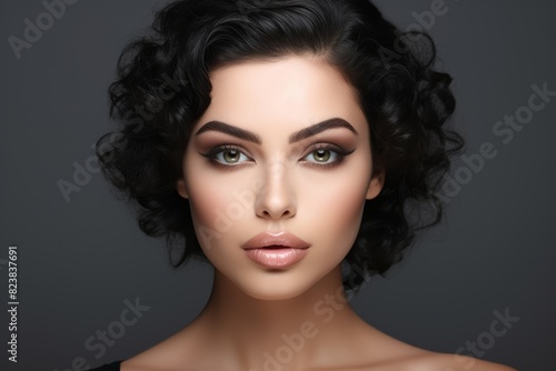 A gorgeous European model woman with cosmetic makeup enhances the beauty of a caucansian model in a captivating close-up portrait against a dark black background.