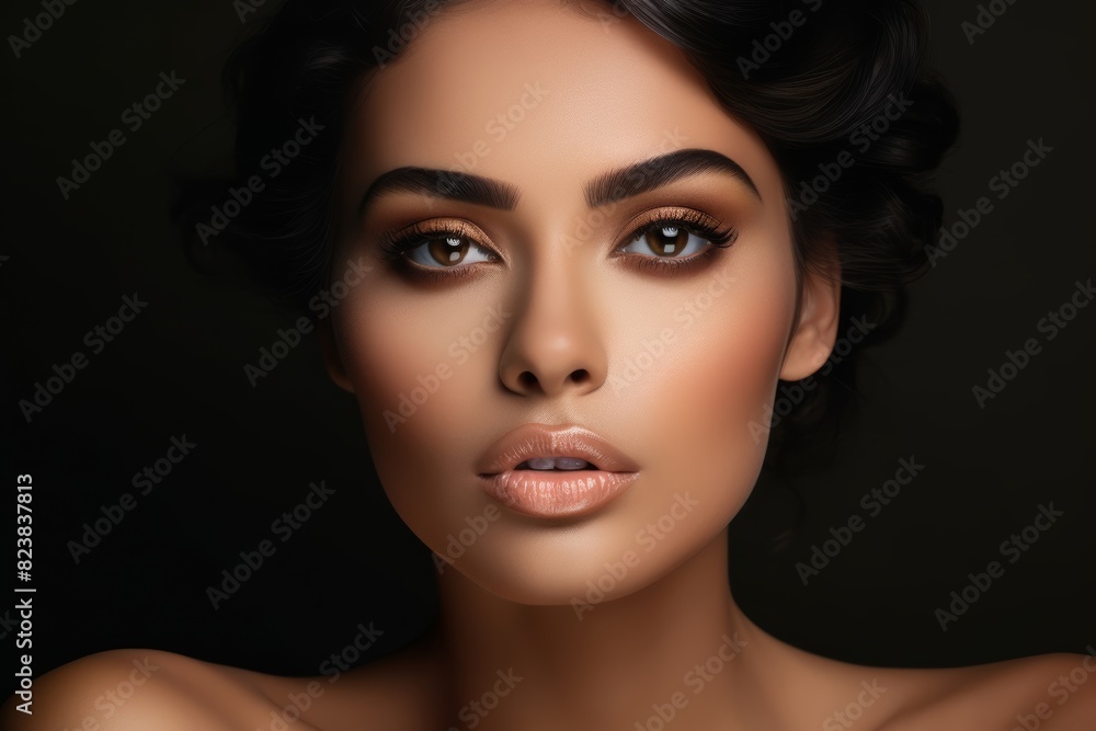 A gorgeous European model woman with cosmetic makeup enhances the beauty of a caucansian model in a captivating close-up portrait against a dark black background. A gorgeous European model woman with cosmetic makeup enhances the beauty of a caucansian model in a captivating close-up portrait against a dark black background.