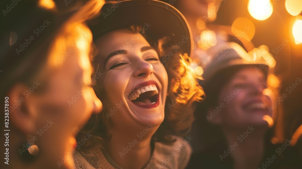 Retro group, woman laughing, warm light, joyful and lively, 1950s charm