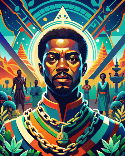 Vibrant African King Portrait with Futuristic Tribal Elements. Vector illustration, International Day for the Remembrance of the Slave Trade and Its Abolition
