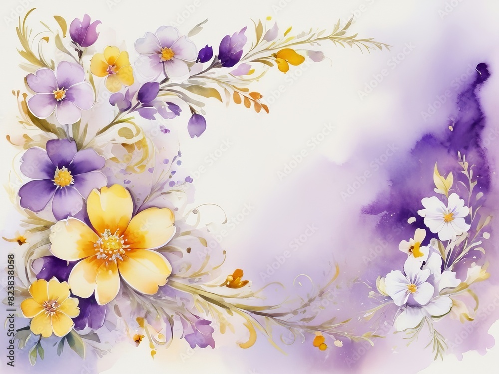 Obraz premium Abstract floral composition with delicate purple and yellow flowers, for greeting card, with copy space