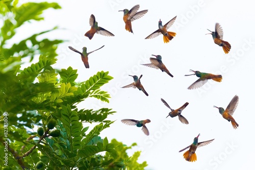 Multishot view of an Hummingbird at flying over white background